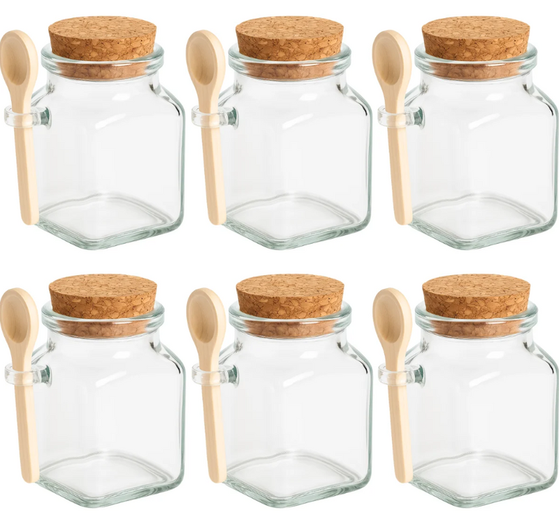Kit 6 Potes de Vidro com Tampa Cortiça e Colher Madeira 90ml