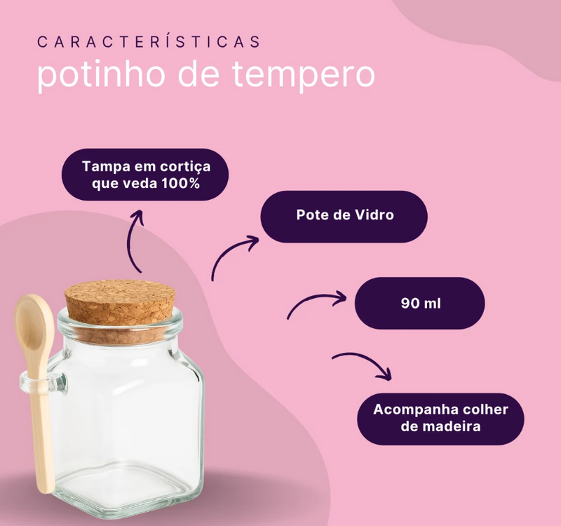 Kit 6 Potes de Vidro com Tampa Cortiça e Colher Madeira 90ml