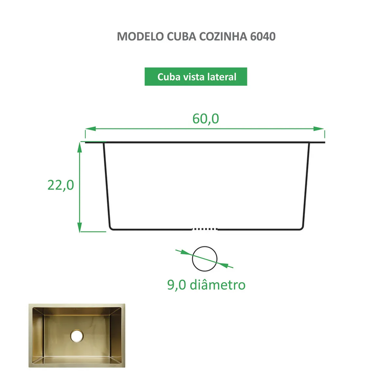 Cuba Gourmet de Cozinha Inox Premium - Embutir ou Sobrepor 60x40 - Dourada