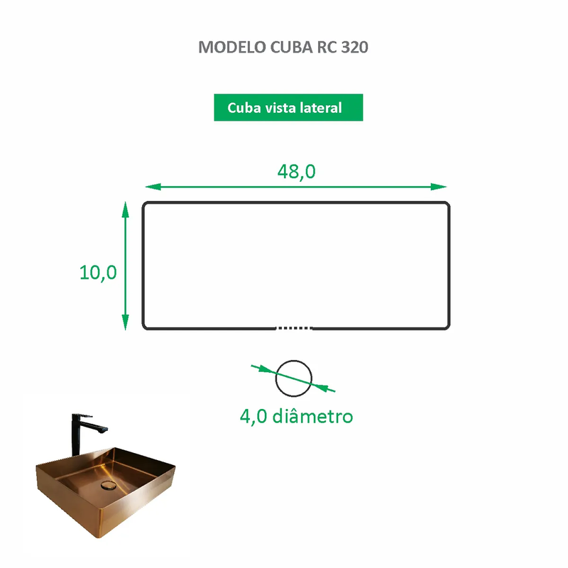 Cuba para Banheiro Inox Rose Gold Retangular 48cm RC 320