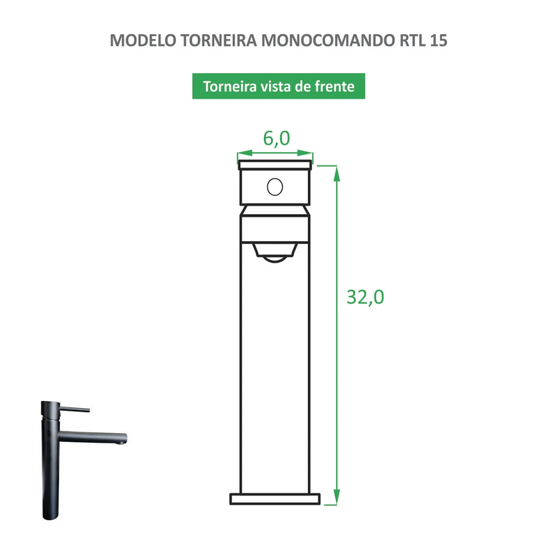 Torneira de Banheiro Monocomando Bica Alta Redonda Preto Fosco RTL 15