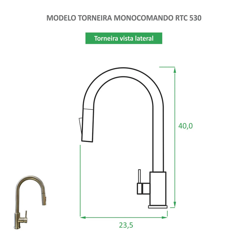Torneira para Cozinha Escovada Misturador Monocomando RTC 530