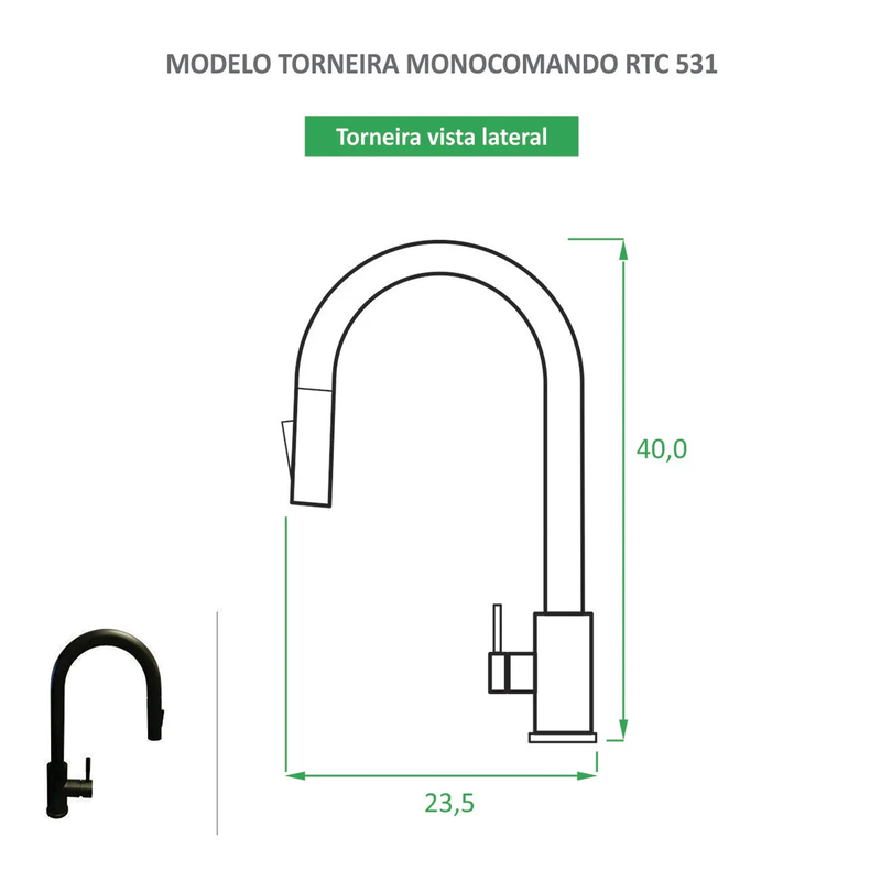 Torneira para Cozinha Preta Fosca Misturador Monocomando RTC 531